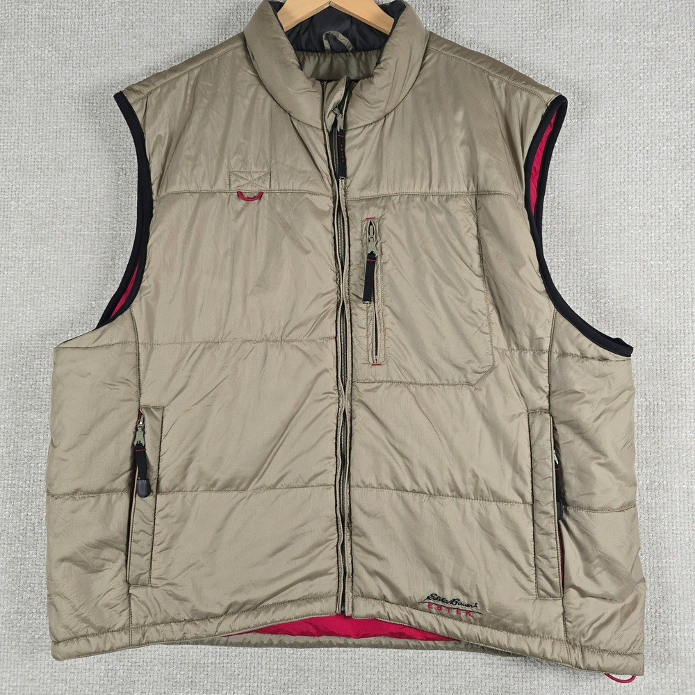 Eddie Bauer EBTEK Mens XXL Tan Red Insulated‎ Puffer Vest Full Zip Mock Neck